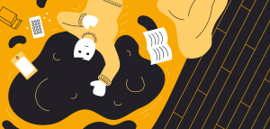 Illustration en jaune et noir d'une jeune fille triste allongé sur un lit vue du dessus avec un livre, un téléphone et une plaquette de pilule.